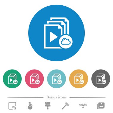 Yuvarlak renkli arka planda düz beyaz simgeler. 6 bonus simgesi dahil.