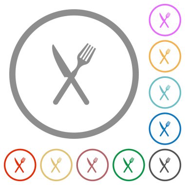 Çatal ve bıçak çapraz konumda düz renk simgeleri beyaz arkaplanda yuvarlak çizgilerde