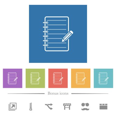 Kare arka planlarda kalem düz beyaz simgeleri ile Spiral not defteri. 6 bonus simgeleri dahil.