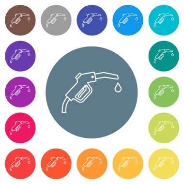 Benzin pompası hortumu yuvarlak renkli arka planlarda düz beyaz simgeler çiziyor. 17 arkaplan renk varyasyonu dahil.
