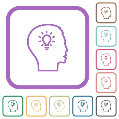 Fikir kavramı, beyaz arkaplanda renkli yuvarlak kare çerçeveler halinde basit simgeleri özetliyor