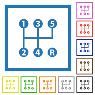 Beyaz arkaplanda kare çerçevelerde beş hız manuel vites kayması düz renk simgesi