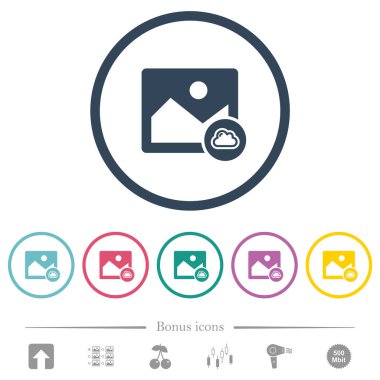 Yuvarlak çizgilerdeki bulutlu resim düz renk simgeleri. 6 bonus simgesi dahil.