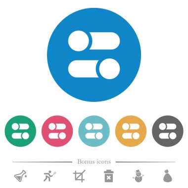 Yatay geçiş anahtarları yuvarlak renk arkaplanındaki düz beyaz simgeler. 6 bonus simgesi dahil.