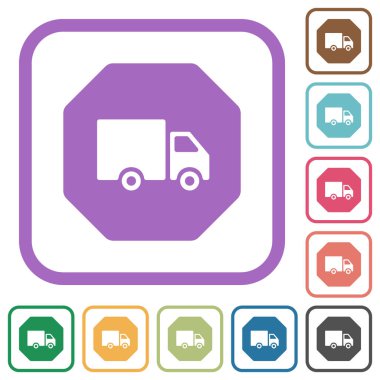 Sekizgen biçimli ulaşım yaptırım işareti. Beyaz arkaplanda renkli yuvarlak kare çerçeveler halinde katı basit simgeler.