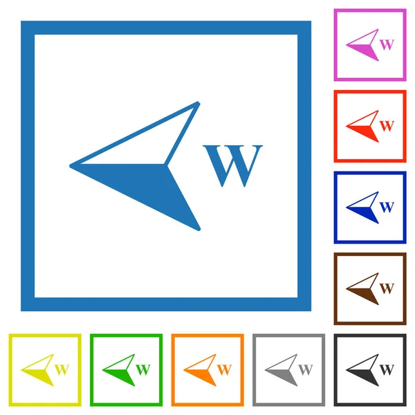 Δυτική Πυξίδα Κατεύθυνση Επίπεδη Χρώμα Εικονίδια Τετράγωνα Πλαίσια Λευκό Φόντο — Διανυσματικό Αρχείο