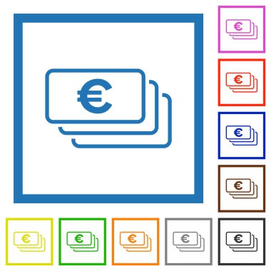 Avrupa banknotları beyaz zemin üzerindeki kare çerçevelerde düz renk simgelerini özetliyor