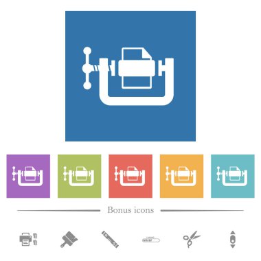 Dosya sıkıştırması kare arkaplandaki düz beyaz simgeler. 6 bonus simgesi dahil.