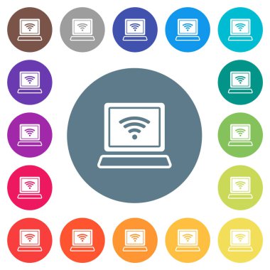 Kablosuz sembollü dizüstü bilgisayar yuvarlak renkli arka planlarda düz beyaz simgeler oluşturur. 17 arkaplan renk varyasyonu dahil.
