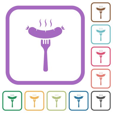 Izgara sosis çatalda katı simgeler, beyaz arkaplanda renkli yuvarlak kare çerçeveler.