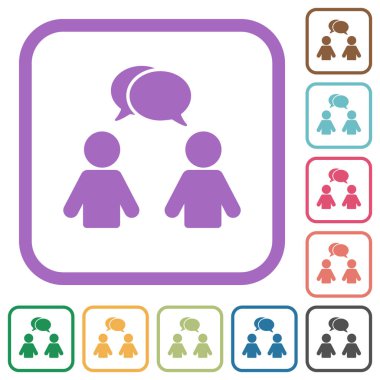 Oval baloncuklu iki konuşan kişi beyaz arkaplanda basit renkli yuvarlak kare çerçeveler halinde katı simgeler oluşturur