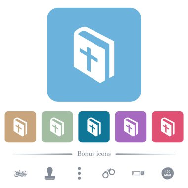 Kutsal İncil beyaz düz simgeler renkli yuvarlak kare arka planlar. 6 bonus simgesi dahil