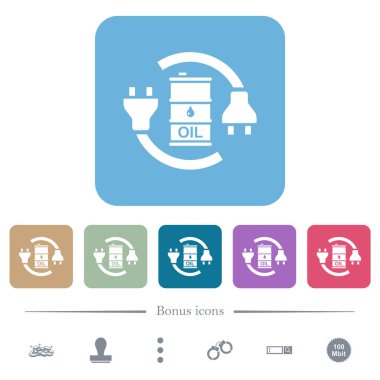 Renkli yuvarlak kare arkaplan üzerine yağlı enerji beyaz düz simgeler. 6 bonus simgesi dahil