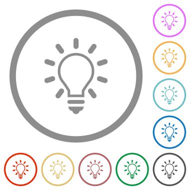 Ampul anahatları düz renk simgeleri beyaz arkaplan üzerinde yuvarlak ana hatlarla ışıklandırılıyor