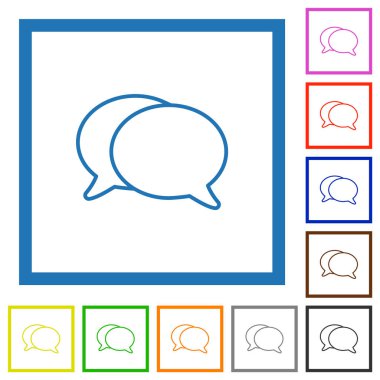 İki oval sohbet kabarcığı beyaz arkaplanda kare çerçeveli düz renk simgeleri ana hatları