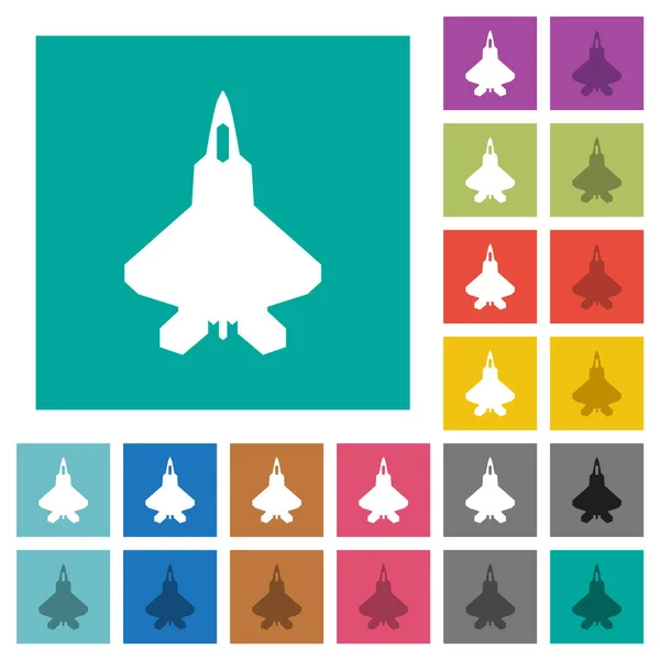 Jet Fighter Silhouet Multi Gekleurde Platte Pictogrammen Effen Vierkante Achtergronden — Stockvector