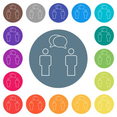 Two talking persons with oval bubbles outline flat white icons on round color backgrounds. 17 background color variations are included.