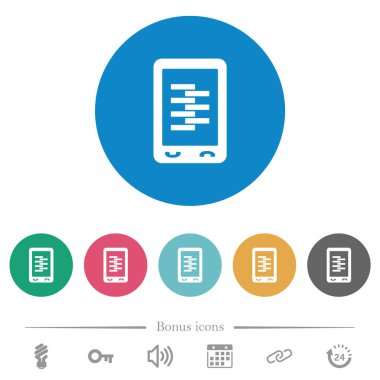 Mobil sıkıştırma verileri yuvarlak renkli arka planlarda düz beyaz simgeler. 6 bonus simgesi dahil.