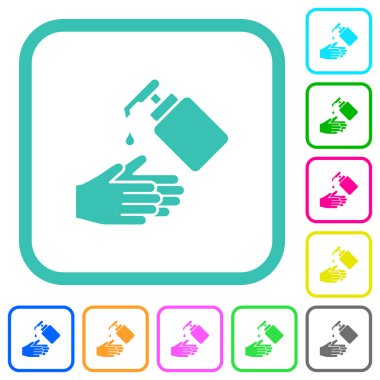 Beyaz zemin üzerinde kıvrımlı sınırlarda sıvı sabun renkli düz simgelerle el yıkama