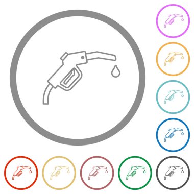 Benzin pompası enjektör ana hatları düz renk simgeleri beyaz arkaplan üzerinde yuvarlak ana hatlar