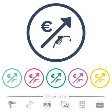 Artan akaryakıt Avrupa Euro fiyatları yuvarlak hatlarda düz renk simgeleri. 6 bonus simgesi dahil.