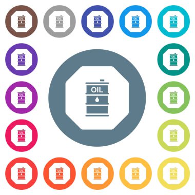 Sekizgen şekilli ham petrol yaptırım tabelaları yuvarlak renkli arka planlarda düz beyaz simgeler oluşturuyor. 17 arkaplan renk varyasyonu dahil.