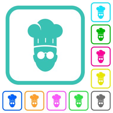 Gözlüklü şefin beyaz arkaplan üzerinde eğri kenarlı düz simgeleri