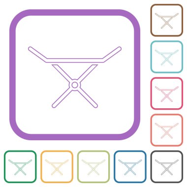 Katlanabilir giysi kurutma askısı beyaz arkaplan üzerinde renkli yuvarlak kare çerçeveli basit simgeleri ana hatlarıyla çizer