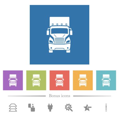 Kamyon ön görünümü kare arkaplan düz beyaz simgeler. 6 bonus simgesi dahil.