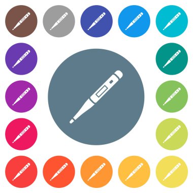 Yuvarlak renkli arka planlarda dijital termometre düz beyaz simgeler. 17 arkaplan renk varyasyonu dahil.