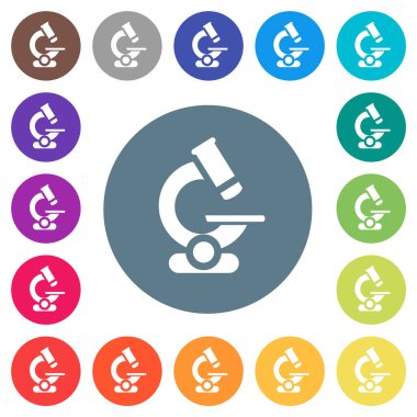 Mikroskop düz beyaz simgeler, yuvarlak renkli arkaplanlar. 17 arkaplan renk varyasyonu dahil.