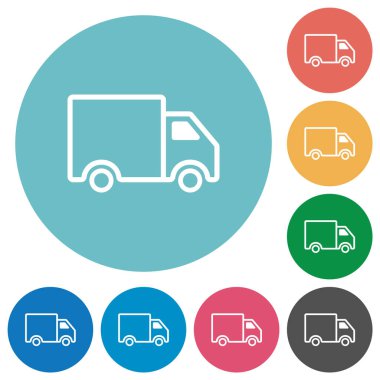 Yük kamyonu yan görünümü düz beyaz simgeler yuvarlak renk arkaplan