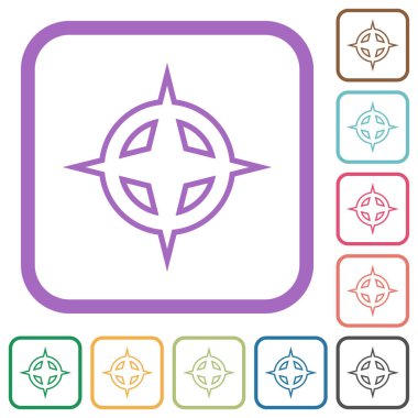 Harita yönleri beyaz arkaplan üzerinde renkli yuvarlak kare çerçeveler basit simgeler çizer