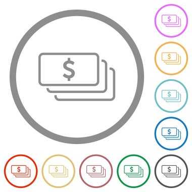 Amerikan doları banknotları düz renk simgelerini beyaz arkaplanda yuvarlak ana hatlarla özetliyor