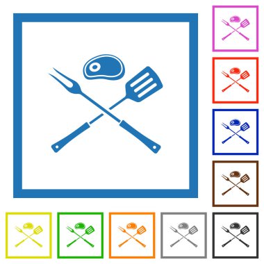 Beyaz arkaplanda kare çerçeveli biftek düz renk simgeleriyle barbekü çatalı ve spatula