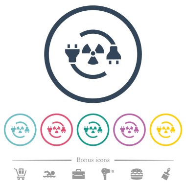 Nükleer enerji düz renk simgeleri yuvarlak hatlarda. 6 bonus simgesi dahil.