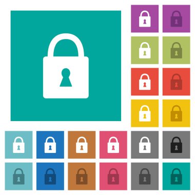 Kilitli asma kilit ve düz kare arka planda çok renkli düz simgeler var. Uçan veya etkin efektler için beyaz ve koyu simge varyasyonları.