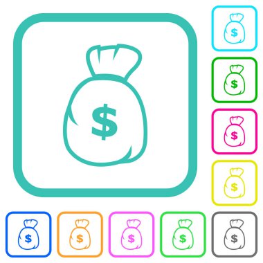 Dolar para çantası beyaz arkaplan üzerinde eğimli sınırlarda canlı renkli düz simgeler ana hatları