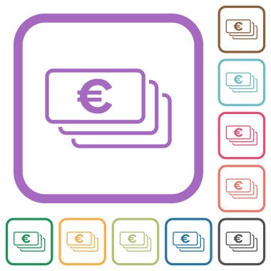 Avrupa banknotları beyaz zemin üzerinde renkli yuvarlak kare çerçeveler halinde basit simgeleri özetliyor