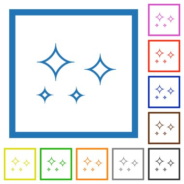 Parlayan yıldızlar beyaz arkaplanda kare çerçevelerde düz renk simgeleri çizerler