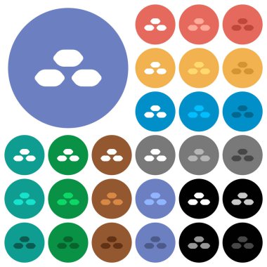 Coal briquettes multi colored flat icons on round backgrounds. Included white, light and dark icon variations for hover and active status effects, and bonus shades.