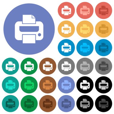 Printer solid multi colored flat icons on round backgrounds. Included white, light and dark icon variations for hover and active status effects, and bonus shades.