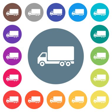 Freight car side view flat white icons on round color backgrounds. 17 background color variations are included.