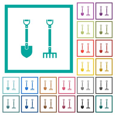 Shovel and rake flat color icons with quadrant frames on white background