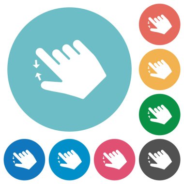 Right handed pinch close gesture flat white icons on round color backgrounds