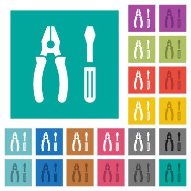Combined pliers and screwdriver multi colored flat icons on plain square backgrounds. Included white and darker icon variations for hover or active effects.