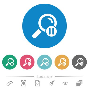Pause search flat white icons on round color backgrounds. 6 bonus icons included.