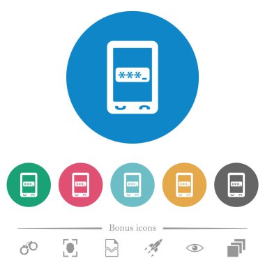 Mobile pin code flat white icons on round color backgrounds. 6 bonus icons included.