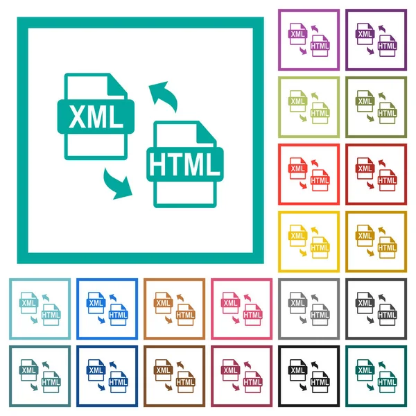 Xml Html File Conversion Flat Color Icons Quadrant Frames White — Stock Vector