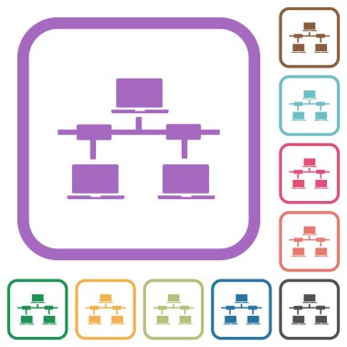 Computer network simple icons in color rounded square frames on white background